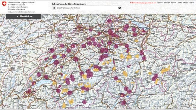 Auf den Swisstopo-Karten lassen sich die Flugeinschränkungszonen des BAZL einblenden.