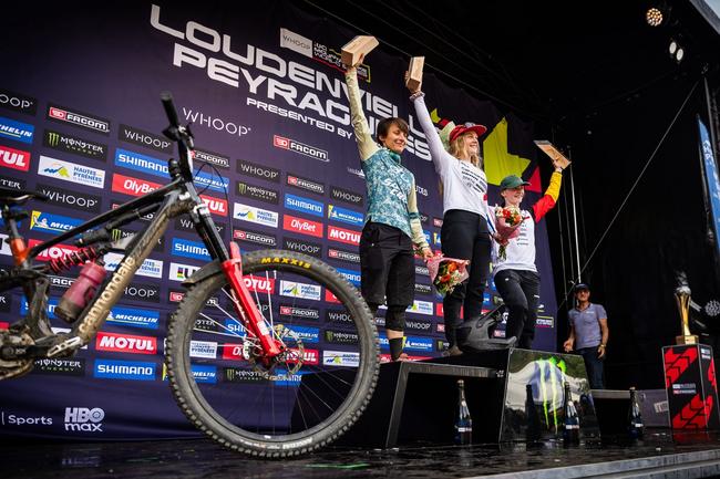 UCI Enduro World Cup Women Elite podium in Loudvenvielle-Peyragudes WHOOP UCI Mountain Bike World Series