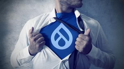 Man with Drupal logo on shirt